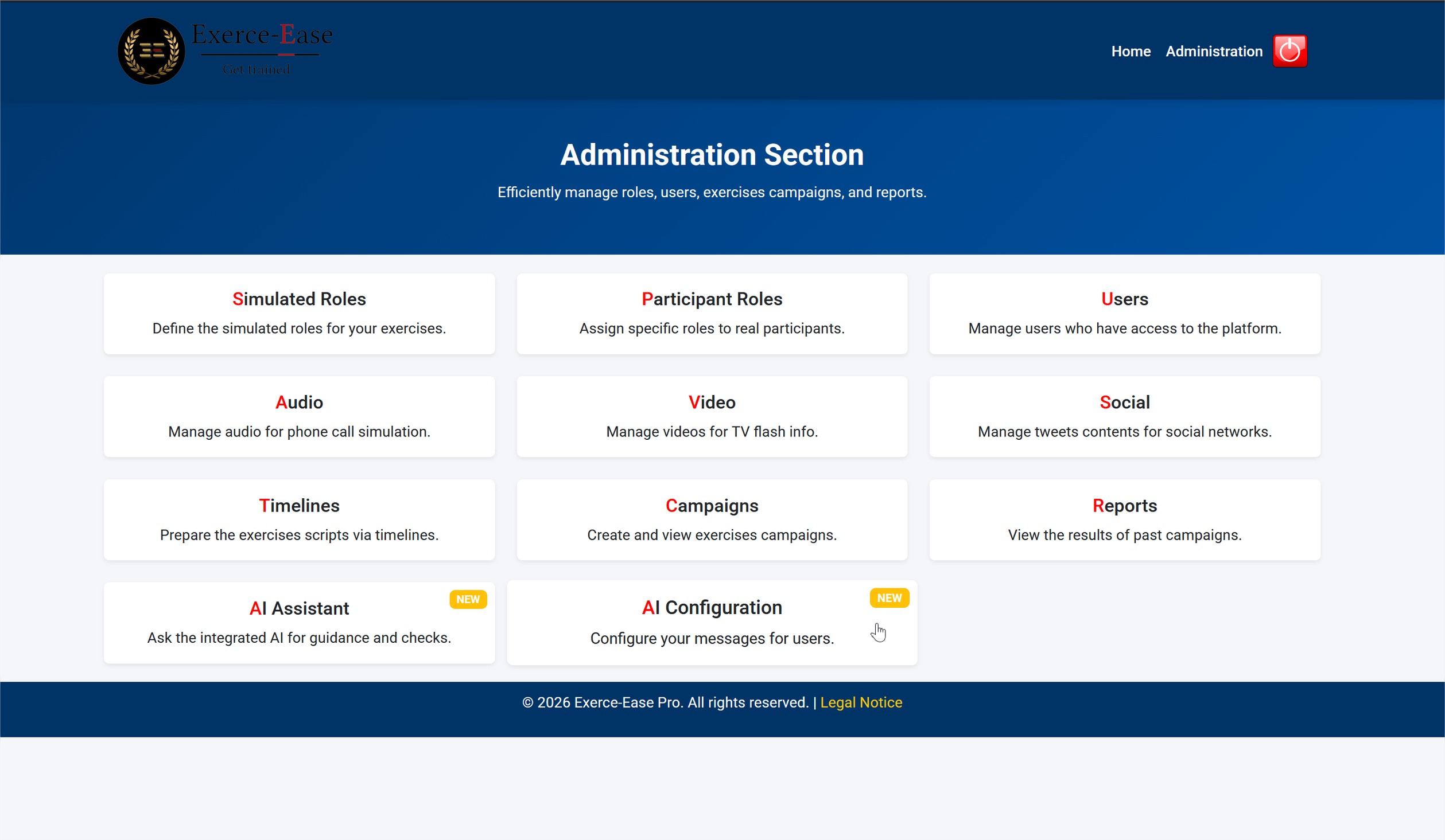 Menu administrateur de la plateforme Exerce-Ease