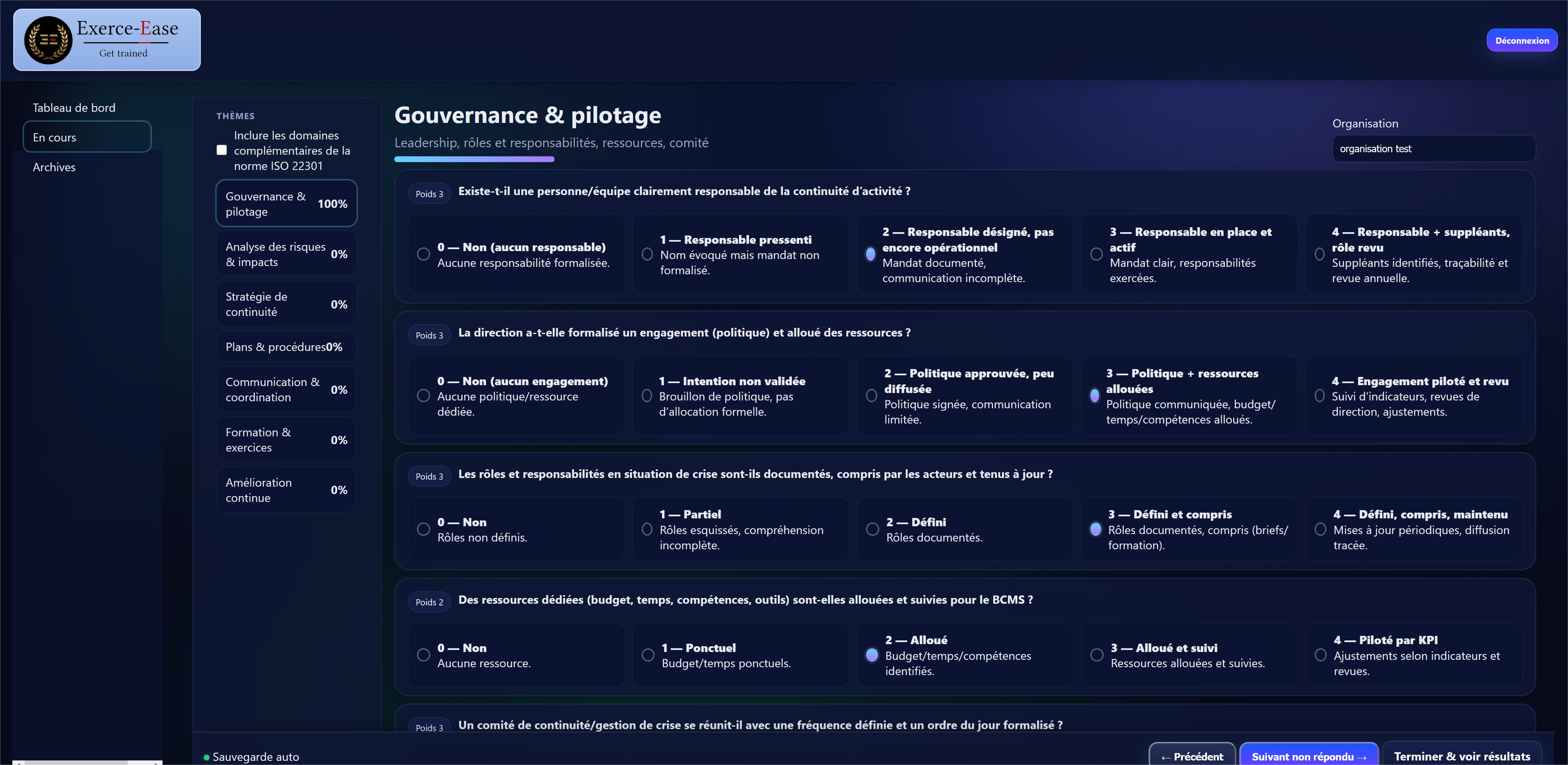 Auto-audit de résilience dans Exerce-Ease